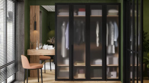 Спальный гарнитур «Порто» №4 Яблоня Беллуно/Графит/Стекло сатин черное в Нефтеюганске - nefteyugansk.mebel-tymen.ru | фото